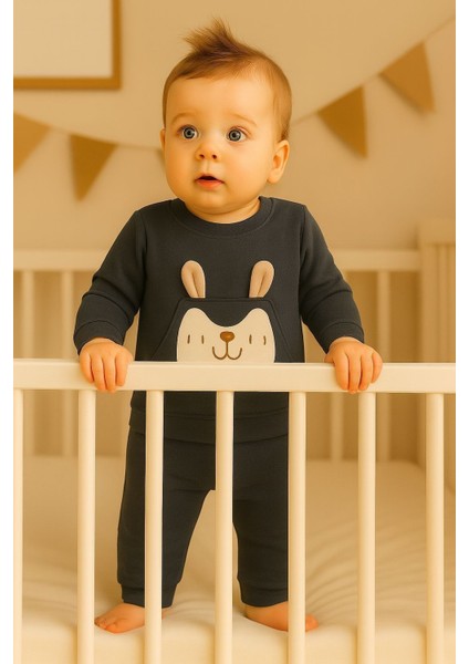 Erkek Çocuk Kışlık Eşofman Takımı Kulaklı Tavşan Desenli Sweatshirt Alt Pamuklu Üç Iplik Şardonlu Günlük Kombin 1-2-3-4 Yaş modelleri