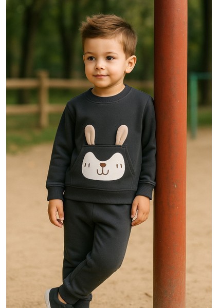Erkek Çocuk Kışlık Eşofman Takımı Kulaklı Tavşan Desenli Sweatshirt Alt Pamuklu Üç Iplik Şardonlu Günlük Kombin 1-2-3-4 Yaş fırsatları