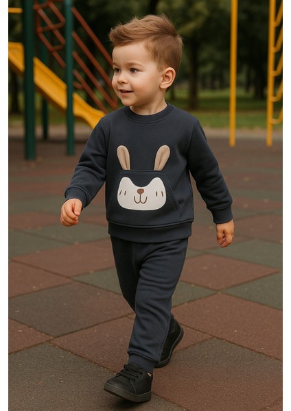 Erkek Çocuk Kışlık Eşofman Takımı Kulaklı Tavşan Desenli Sweatshirt Alt Pamuklu Üç Iplik Şardonlu Günlük Kombin 1-2-3-4 Yaş indirimleri