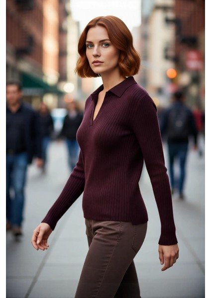 Kadın Polo Yaka Fitilli Triko Kazak Modern Fitted Tasarımıyla Casual Şıklığı Soğuk Havalarda modelleri