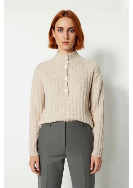 Kadın Casual Fitilli Triko Kazak Orta Kalınlık Dik Yaka Düşük Kol Rahat ve Trend Kış Stili fiyatları