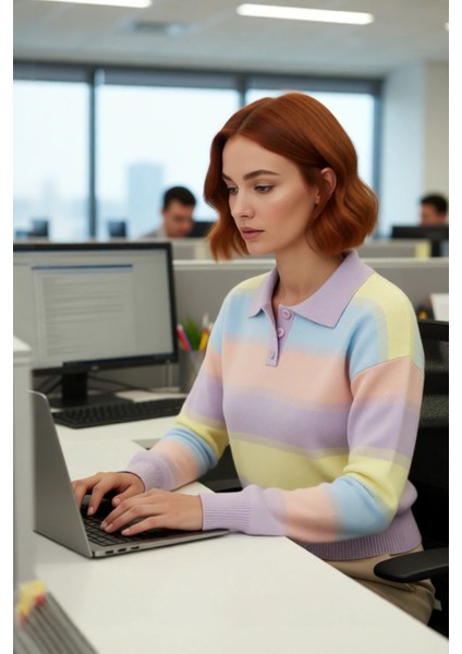 Kadın Basic Şık Regular Kesim Renk Bloklu Akrilik Triko Kazak Düşük Kol Polo Yaka Modeli Kaliteli