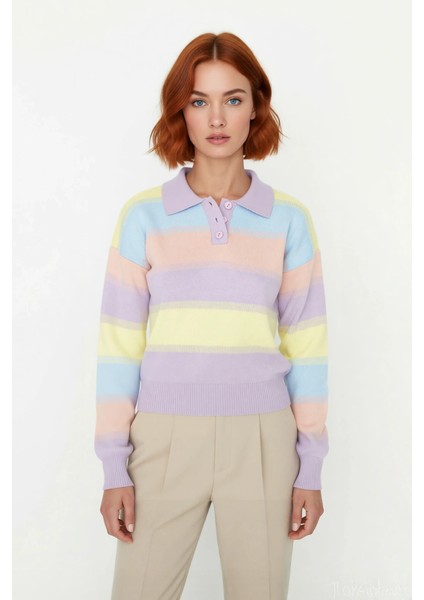 Kadın Basic Şık Regular Kesim Renk Bloklu Akrilik Triko Kazak Düşük Kol Polo Yaka Modeli Kaliteli fiyatları