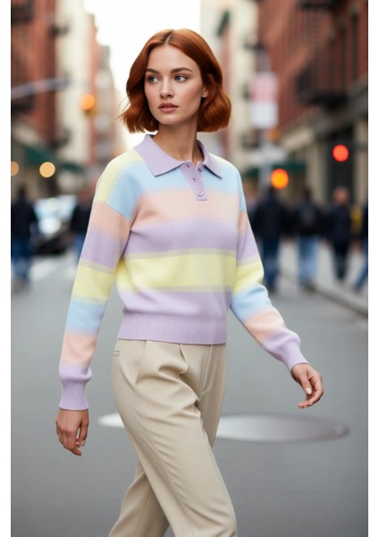 Kadın Basic Şık Regular Kesim Renk Bloklu Akrilik Triko Kazak Düşük Kol Polo Yaka Modeli Kaliteli fırsatları