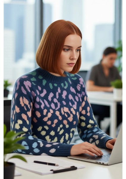 Kadın Basic Oversize Kalıp Bisiklet Yaka Triko Kazak Animal Desenli Uzun Kollu Kış Günleri Için