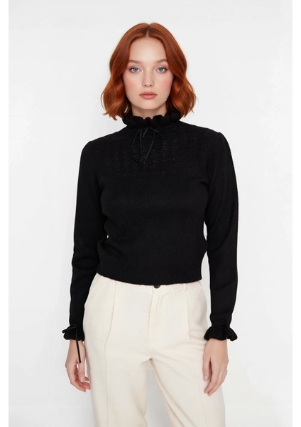Kadın Uzun Kollu Regular Kesim Dik Yaka Ajur Desenli Bağcıklı Triko Kazak Kışlık Basic Stil