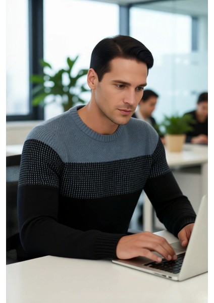 Erkek Rahat Kesim Bisiklet Yaka Renk Bloklu Akrilik Triko Kazak Soğuk Havalar Için Mükemmel