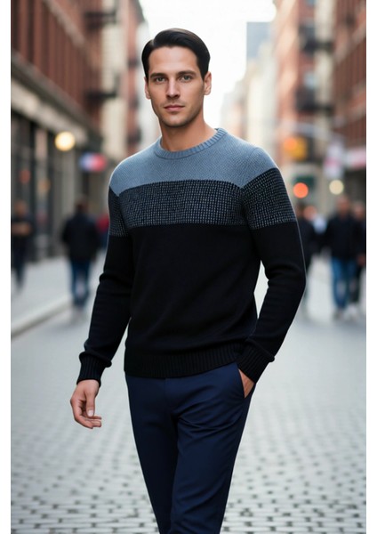Erkek Rahat Kesim Bisiklet Yaka Renk Bloklu Akrilik Triko Kazak Soğuk Havalar Için Mükemmel fırsatları