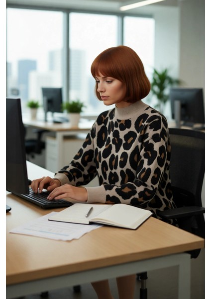 Kadın Uzun Kollu Dik Yaka Relaxed Kalıp Animal Desenli Triko Kazak Günlük Basic Şıklık Sunar