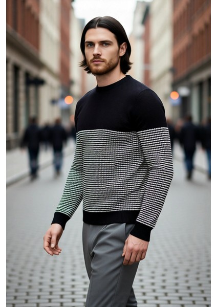 Erkek Uzun Kol Bisiklet Yaka Çizgili Triko Kazak Soğuk Havalarda Şıklık ve Konfor Sunar Kaliteli fırsatları