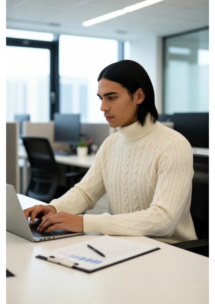 Erkek Balıkçı Yaka Saç Örgü Desenli Kalın Triko Fitted Kalıp Standart Kol Günlük Kazak Kaliteli