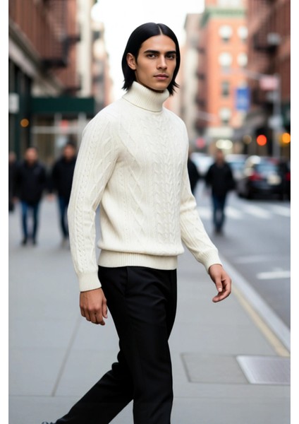 Erkek Balıkçı Yaka Saç Örgü Desenli Kalın Triko Fitted Kalıp Standart Kol Günlük Kazak Kaliteli fırsatları