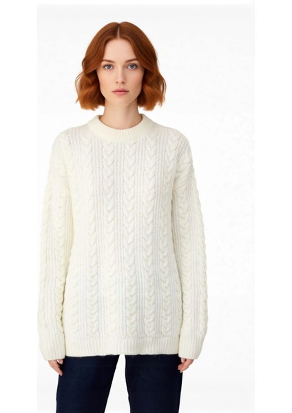 Kadın Geniş Kalıp Saç Örgü Detaylı Bisiklet Yaka Kalın Triko Kazak Günlük Şıklığınız Için Kış