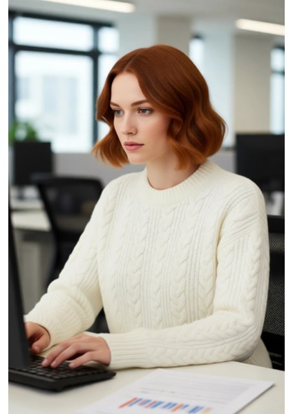 Kadın Geniş Kalıp Saç Örgü Detaylı Bisiklet Yaka Kalın Triko Kazak Günlük Şıklığınız Için Kış fırsatları