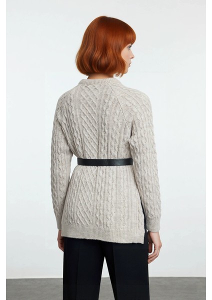 Kadın Akrilik Triko Saç Örgü Bisiklet Yaka Regular Kalıp Kesik Detaylı Uzun Kol Kazak Kış Şıklığı fiyatları