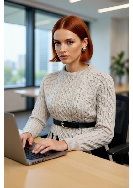 Kadın Akrilik Triko Saç Örgü Bisiklet Yaka Regular Kalıp Kesik Detaylı Uzun Kol Kazak Kış Şıklığı fırsatları