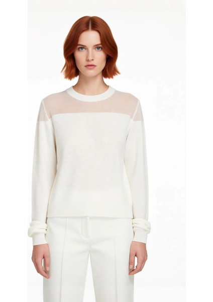 Kadın Fashion Forward Ince Triko Kazak Transparan Renk Bloklu Bisiklet Yaka Bahar Zarafeti