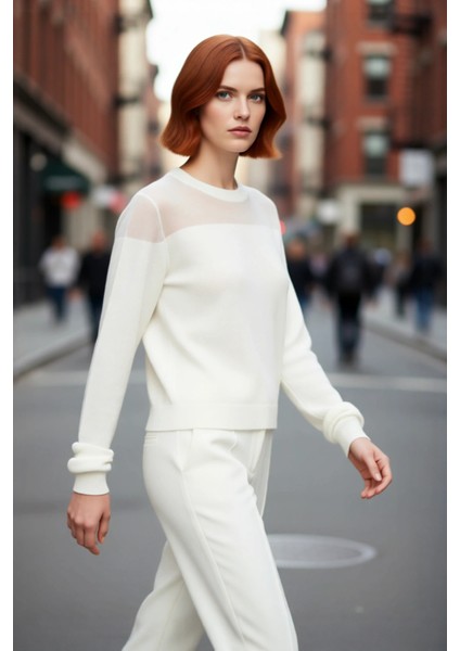 Kadın Fashion Forward Ince Triko Kazak Transparan Renk Bloklu Bisiklet Yaka Bahar Zarafeti modelleri