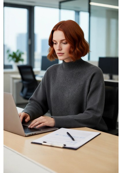 Kadın Oversize Dik Yaka Kışlık Triko Kazak Düz Düşük Kol Modern ve Şık Günlük Kombinler Için