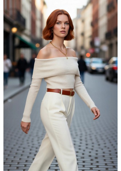 Kadınlara Özel Basic Siluet Fitted Triko Kazak Crop Boy Carmen Yaka Şık Seçim Kaliteli fırsatları