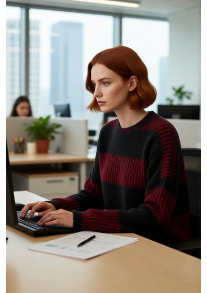 Kadın Basic Siluet Uzun Kollu Oversize Kesim Renk Bloklu Pike Dokuma Triko Kazak Kış Kombinlerinin