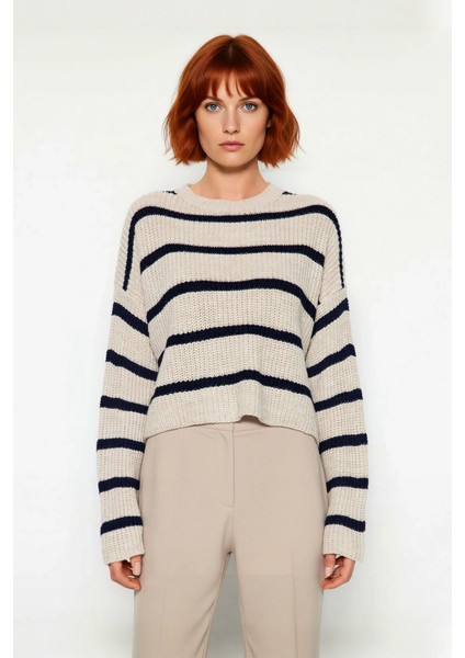 Kadınlara Özel Basic Çizgili Oversize Triko Kazak Bisiklet Yaka Uzun Düşük Kol Kış Şıklığı