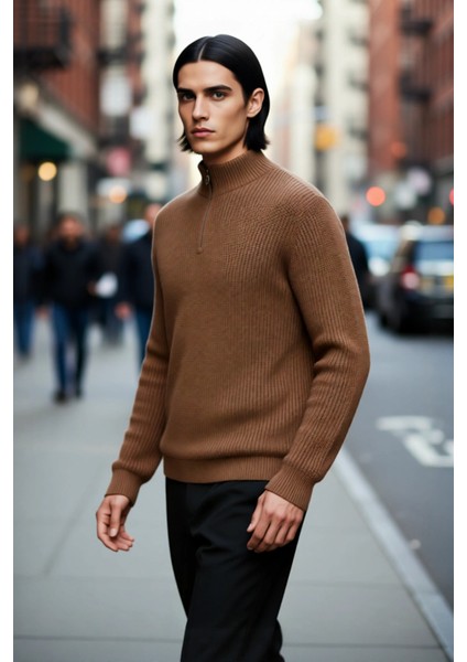 Erkek Basic Regular Fit Fermuarlı Dik Yaka Selanik Örgü Triko Kazak Günlük Stilinize Modern Dokunuş. fırsatları