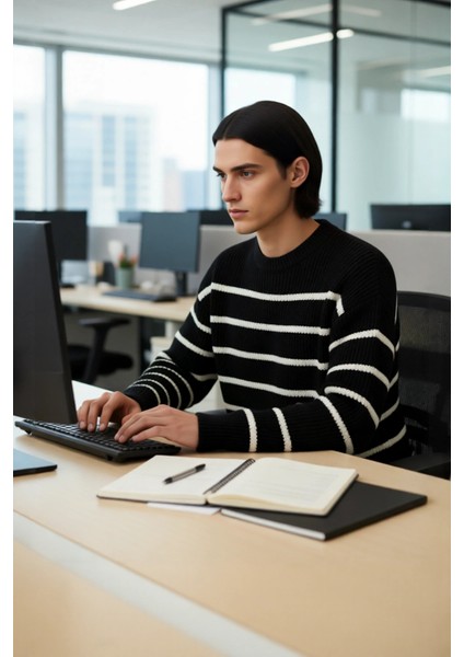 Casual Erkek Kalın Triko Dokulu Bisiklet Yaka Çizgili Oversize Selanik Kışlık Kazak Modeli