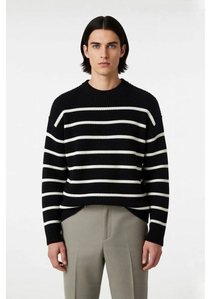 Casual Erkek Kalın Triko Dokulu Bisiklet Yaka Çizgili Oversize Selanik Kışlık Kazak Modeli fiyatları