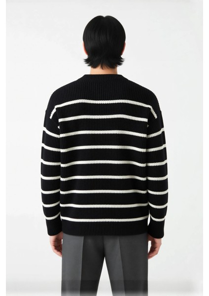 Casual Erkek Kalın Triko Dokulu Bisiklet Yaka Çizgili Oversize Selanik Kışlık Kazak Modeli modelleri