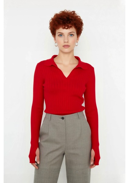 Kadınlar Için Uzun Kollu Regular Fitilli Triko Kazak Polo Yaka Detaylı Kışlık Şık Görünüm Kaliteli fiyatları