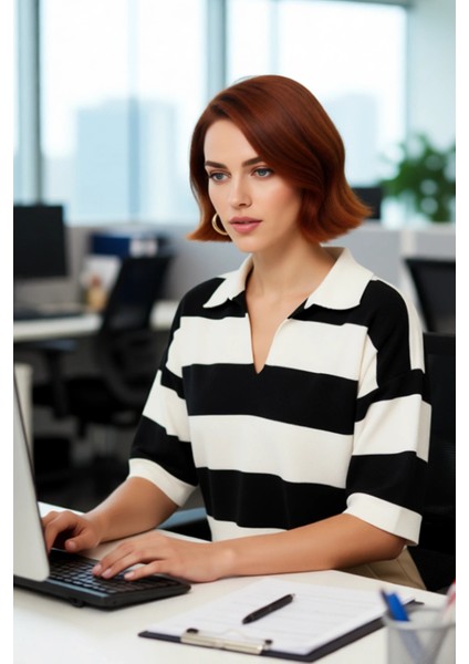 Kadın Siyah Çizgili Basic Crop Triko Bluz Regular Kalıp Truvakar Kol Polo Yaka Şıklığı Kaliteli fırsatları