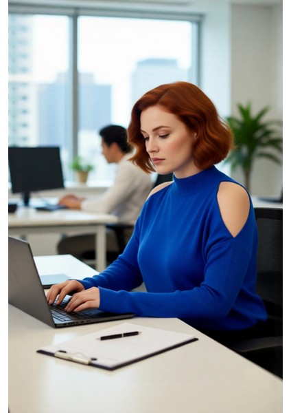 Kadın Rahat Relaxed Kalıp Dik Yaka Düşük Kollu Omzu Açık Detaylı Trend Akrilik Triko Kazak