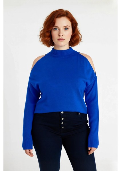 Kadın Rahat Relaxed Kalıp Dik Yaka Düşük Kollu Omzu Açık Detaylı Trend Akrilik Triko Kazak fiyatları