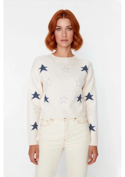 Kadın Basic Bisiklet Yaka Yılbaşı Desenli Crop Triko Kazak Uzun Kollu Kış Sezonu Günlük Stil