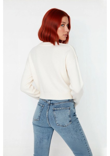 Kadın Basic Bisiklet Yaka Yılbaşı Desenli Crop Triko Kazak Uzun Kollu Kış Sezonu Günlük Stil fiyatları