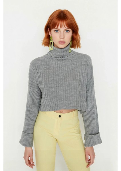 Kadın Oversize Super Crop Balıkçı Yaka Akrilik Triko Kazak Kışlık Günlük Stilinize Yenilik fiyatları