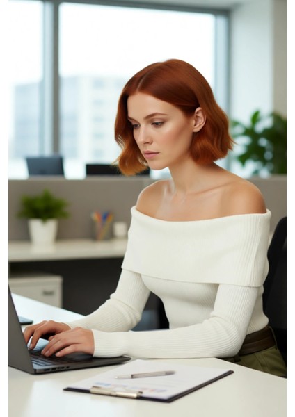 Kadınlara Özel Basic Siluet Fitted Triko Kazak Crop Boy Carmen Yaka Şık Seçim Kaliteli