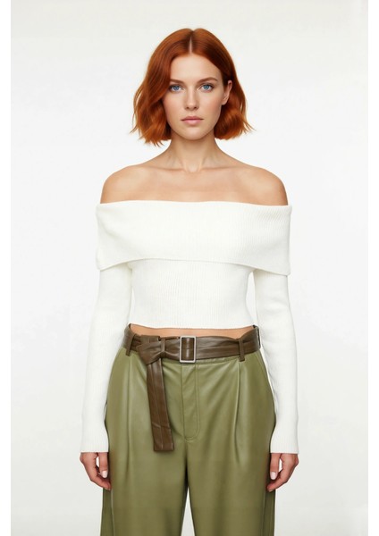 Kadınlara Özel Basic Siluet Fitted Triko Kazak Crop Boy Carmen Yaka Şık Seçim Kaliteli fiyatları