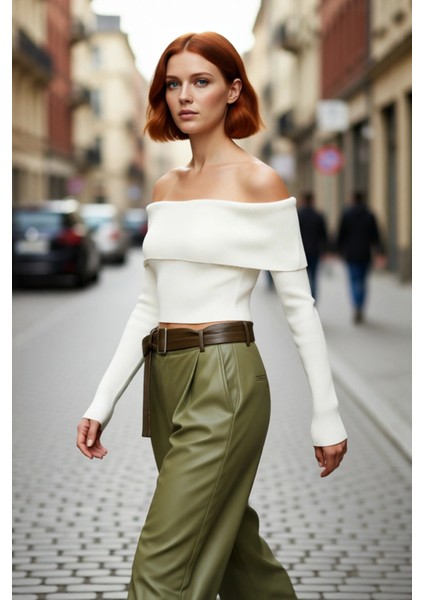 Kadınlara Özel Basic Siluet Fitted Triko Kazak Crop Boy Carmen Yaka Şık Seçim Kaliteli fırsatları