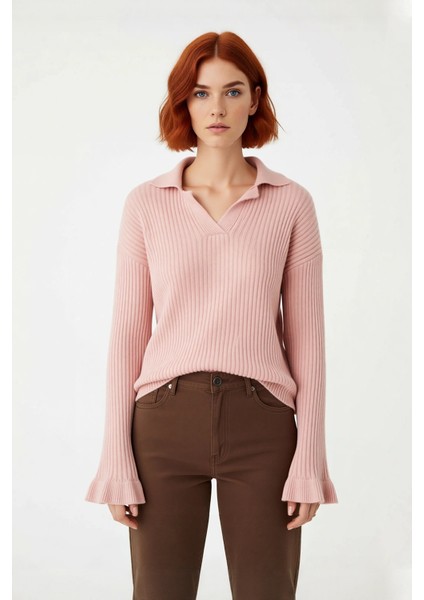 Kadın Regular Kalıp Apaş Yaka Düz Desen Volanlı Kol Triko Kazak Kışlık Zarif Kombinler Kaliteli