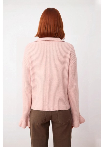 Kadın Regular Kalıp Apaş Yaka Düz Desen Volanlı Kol Triko Kazak Kışlık Zarif Kombinler Kaliteli fiyatları