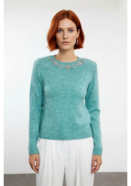 Kadın Taş Işlemeli Bisiklet Yaka Triko Ince Dokulu Regular Kalıp Uzun Kollu Şık Kazak Kaliteli