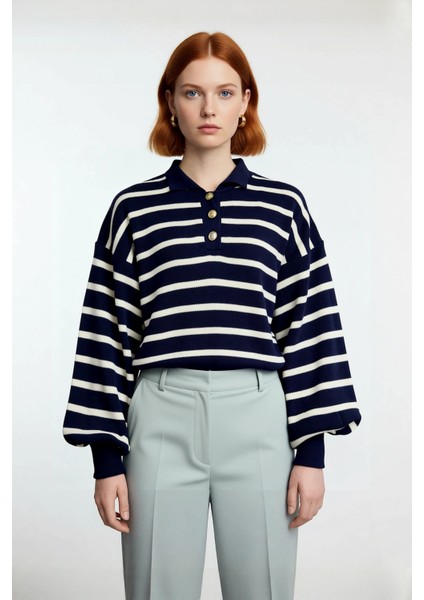 Kadın Triko Polo Yaka Çizgili Relaxed Kesim Düşük Kol Uzun Kollu Soğuk Hava Kazak Kaliteli