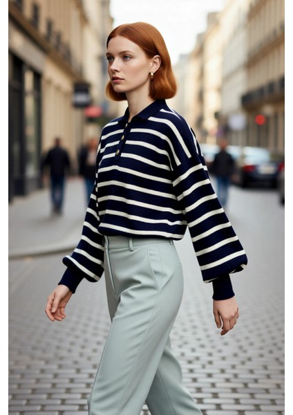 Kadın Triko Polo Yaka Çizgili Relaxed Kesim Düşük Kol Uzun Kollu Soğuk Hava Kazak Kaliteli modelleri