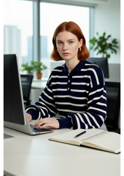 Kadın Triko Polo Yaka Çizgili Relaxed Kesim Düşük Kol Uzun Kollu Soğuk Hava Kazak Kaliteli fırsatları