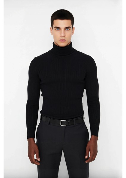 Erkek Fitted Balıkçı Yaka Fitilli Uzun Kollu Kazak Günlük Şıklığı ve Kış Konforunu Birleştirir