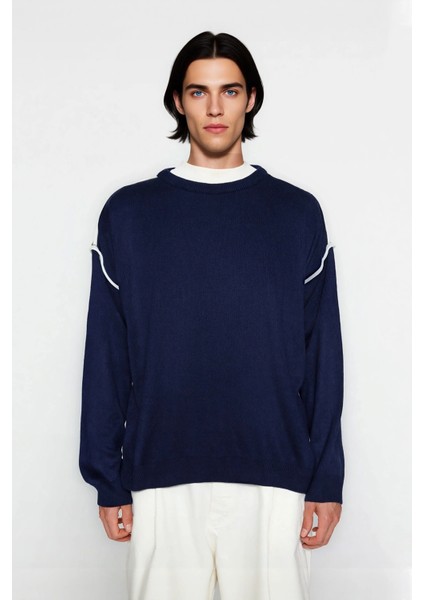 Erkek Triko Bisiklet Yaka Oversize Kazak Akrilik Materyal Biye Detaylı Kışlık Konforlu Şıklık