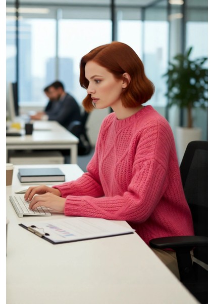 Kadın Günlük Oversize Kesim Saç Örgüsü Desenli Triko Kazak Kış Sonbahar Için Bisiklet Yaka