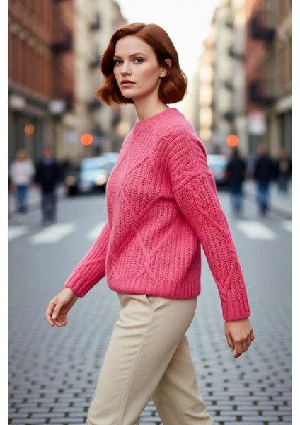 Kadın Günlük Oversize Kesim Saç Örgüsü Desenli Triko Kazak Kış Sonbahar Için Bisiklet Yaka fırsatları